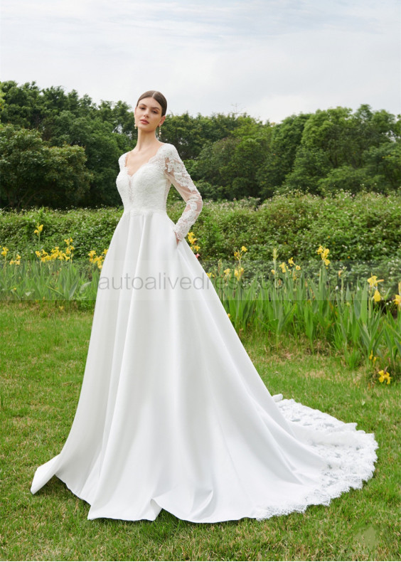 Long Sleeves Ivory Lace Satin Fairytale Wedding Dress